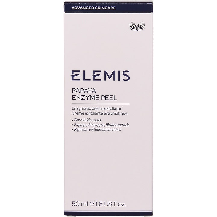 Elemis Papaya Enzyme Peel 50 ml eksfolierende ansiktspeeling i hvit ytteremballasje med mørkeblå tekst