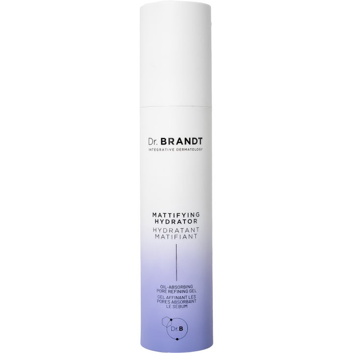 Dr. Brandt Mattifying Hydrator poreforfinende gel som matter huden i hvit sylinderformet flaske med lilla bunn.