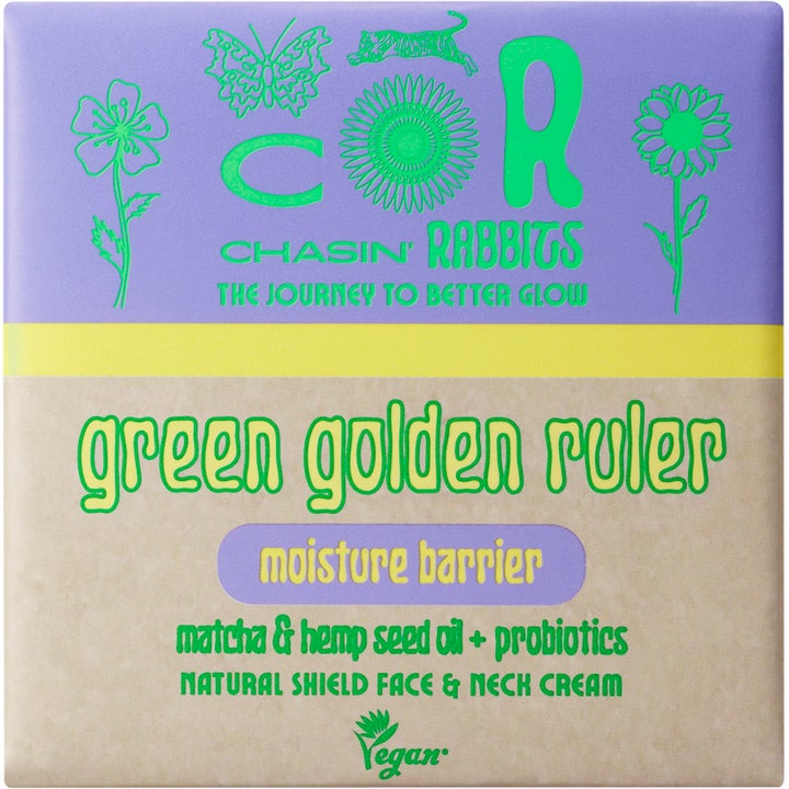 Chasin' Rabbits Green Golden Ruler 100 ml ansiktskrem som styrker fuktbarrieren i lilla og beige eske.
