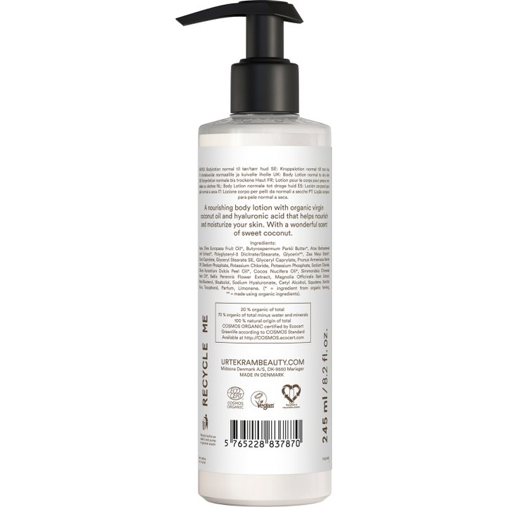 Urtekram Coconut Body Lotion 245 ml fuktighetsgivende kroppslotion viser baksiden av flasken med pumpe og ingredienser