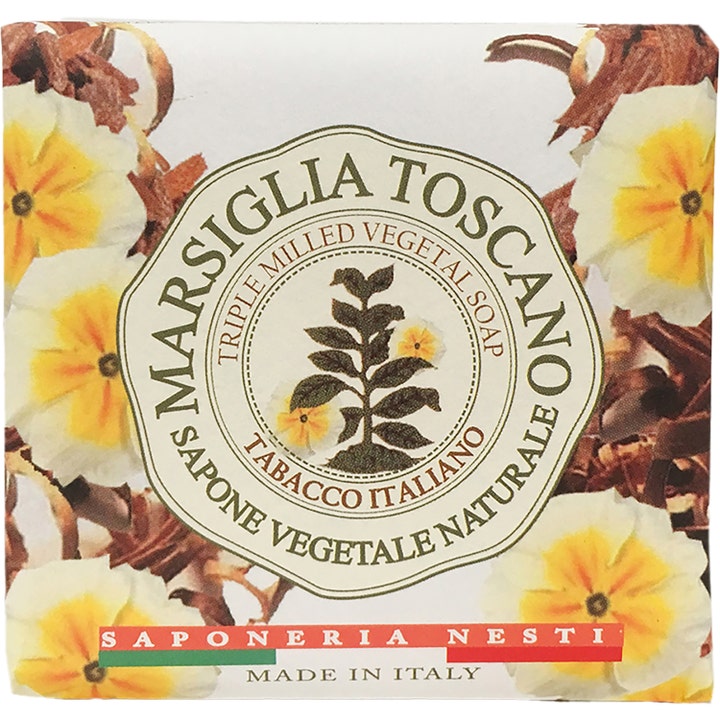 Nesti Dante Marsiglia Toscano Tabacco Italiano 200g naturlig såpe i papiremballasje med gule blomster og emblem