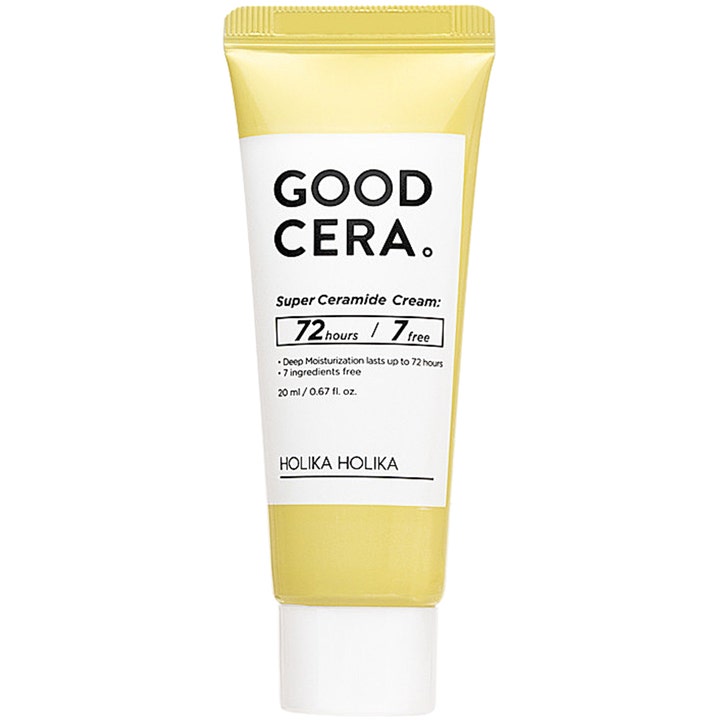 Holika Holika Good Cera Super Ceramide Cream 20 ml fuktighetskrem i gul tube med hvit kork.