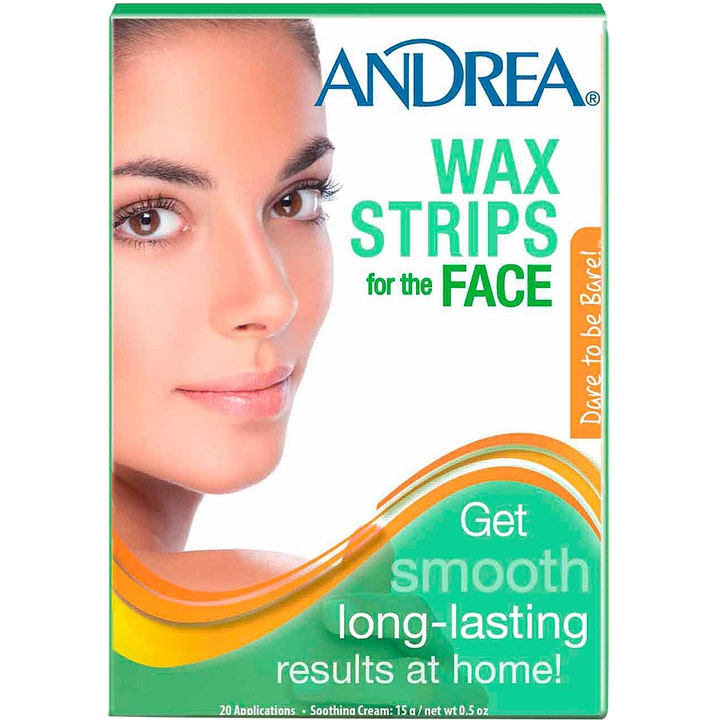 Andrea Wax Strips for the Face 20 stk hårfjerning som gir glatt hud i en grønn og hvit eske med bilde av et ansikt
