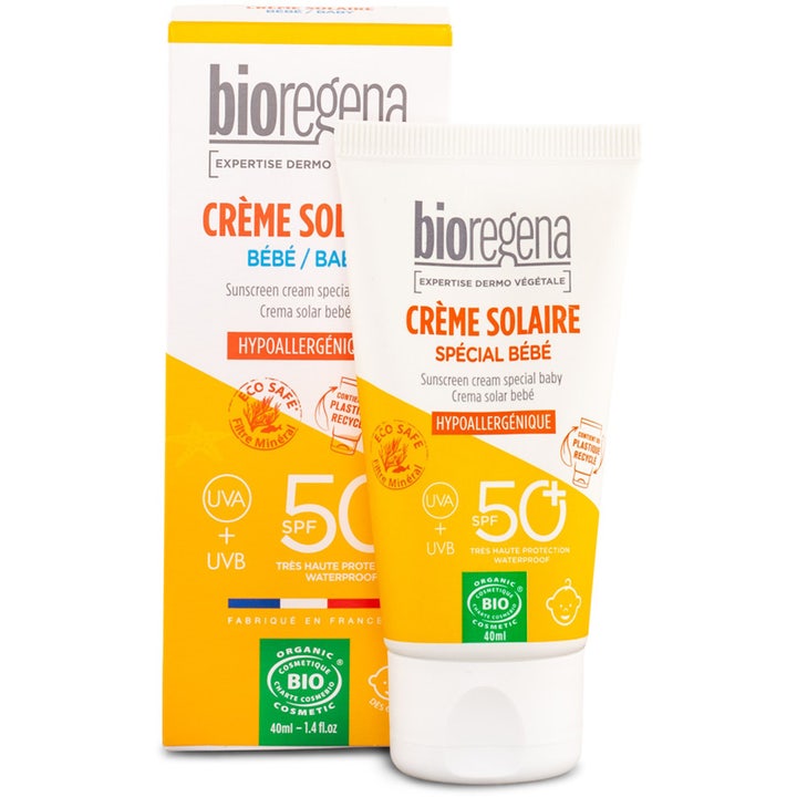 Bioregena Solkrem Baby SPF 50 40 ml hypoallergen solbeskyttelse i hvit plasttube med oransje eske