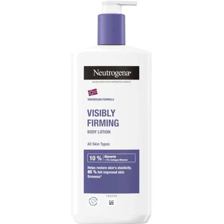 Neutrogena Visibly Firming Body Lotion gir økt elastisitet i hvit pumpeflaske med lilla kork og glyserin.