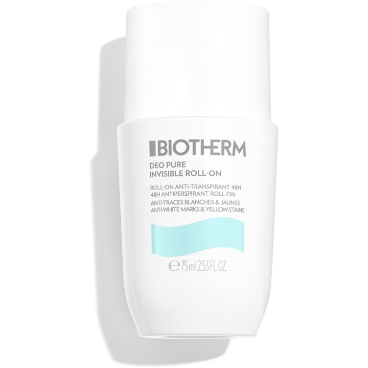 Biotherm Deo Pure Invisible 75 ml deodorant motvirker merker på klær i hvit roll-on-beholder
