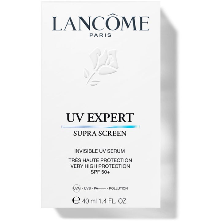 Lancôme UV Expert Supra Screen 40 ml solkrem serum SPF 50+ i hvit eske med preget rose og logo
