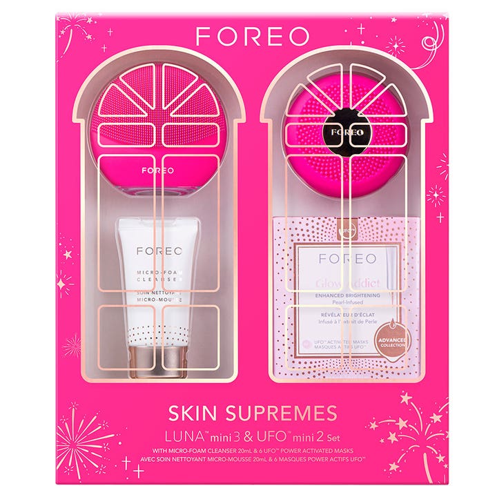 Foreo Skin Supremes LUNA mini 3 og UFO mini 2 Set for dyprens og glød i rosa gaveeske