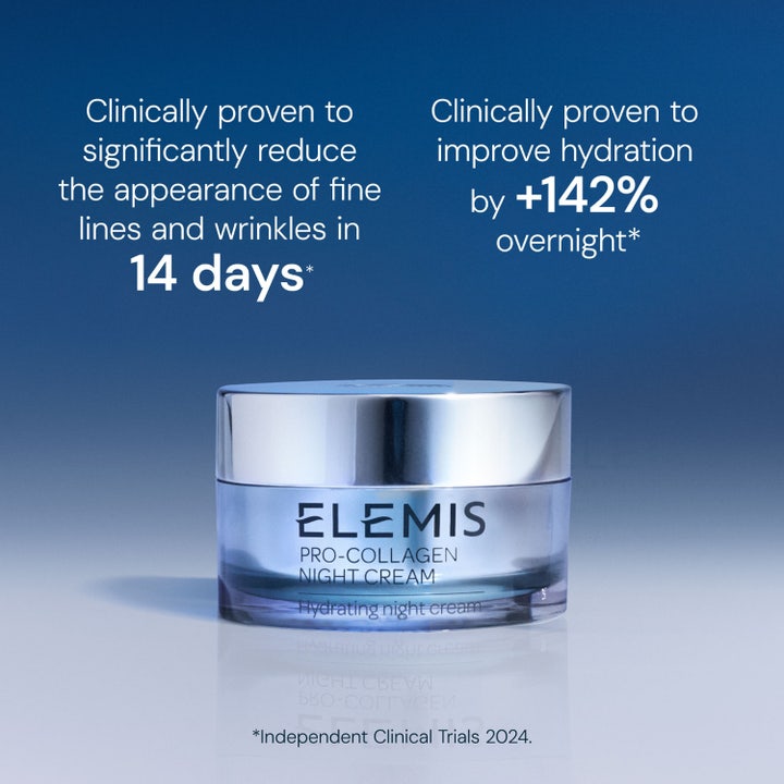 Elemis Pro-Collagen Night Cream 50 ml nattkrem i blå glasskrukke øker fuktighet med 142 prosent over natten
