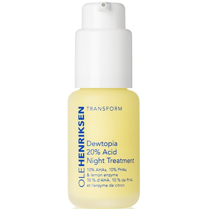 Ole Henriksen Dewtopia 20% Acid Night Treatment 30ml eksfolierende nattserum i frostet glassflaske med hvit pumpe