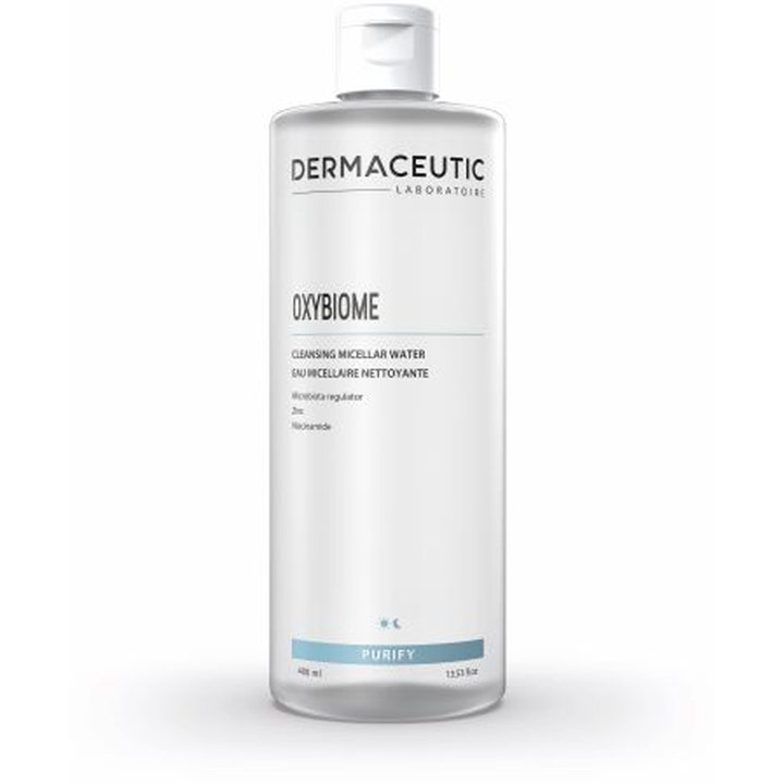 Dermaceutic Oxybiome 400 ml rensende micellar water med sink og niacinamide i en klar flaske med hvit vippekork