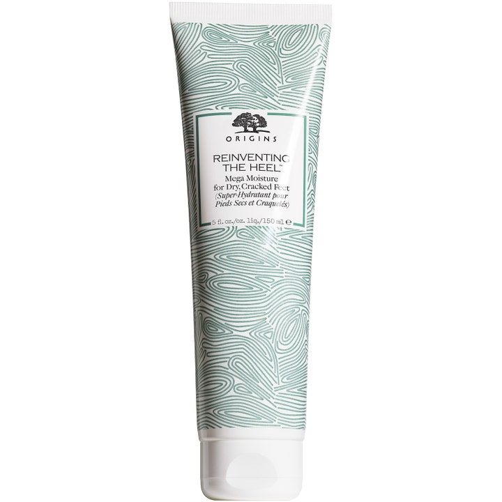Origins Reinventing The Heel 150 ml fuktighetsgivende fotkrem i hvit tube med grønt bølgemønster og hvitt lokk