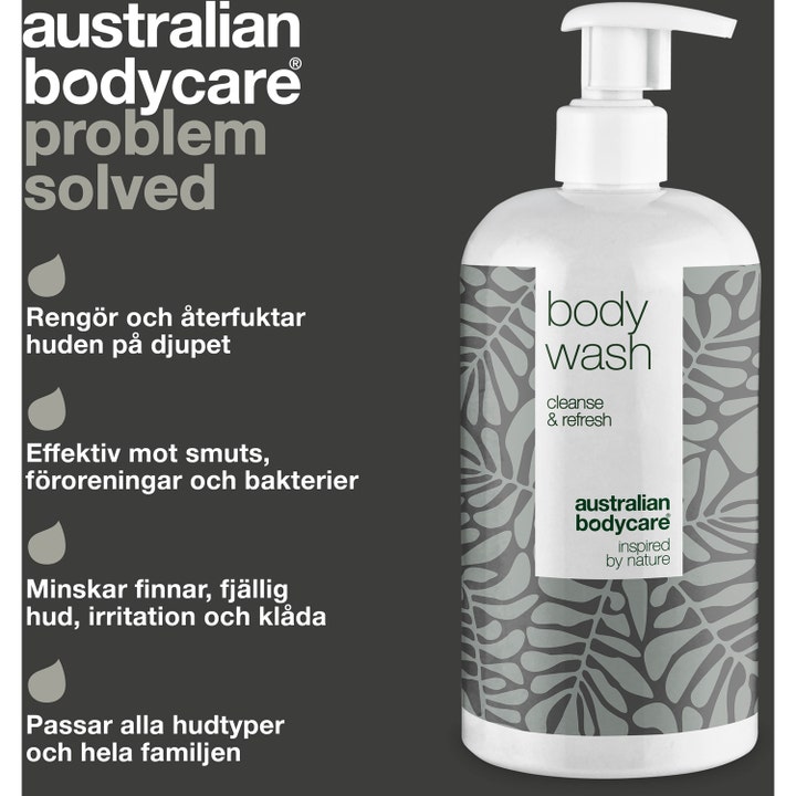 Australian Bodycare Body Wash 500 ml rensende dusjsåpe med Tea Tree Oil i hvit pumpeflaske dekorert med grå blader