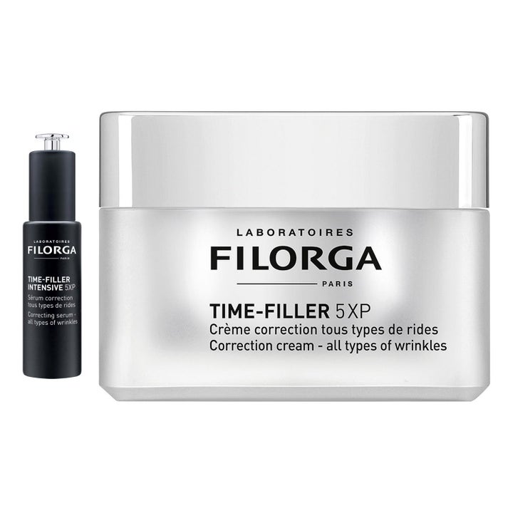Filorga Time-Filler og Intensive anti-aging sett som reduserer rynker med ansiktskrem i krukke og serum med pipette.