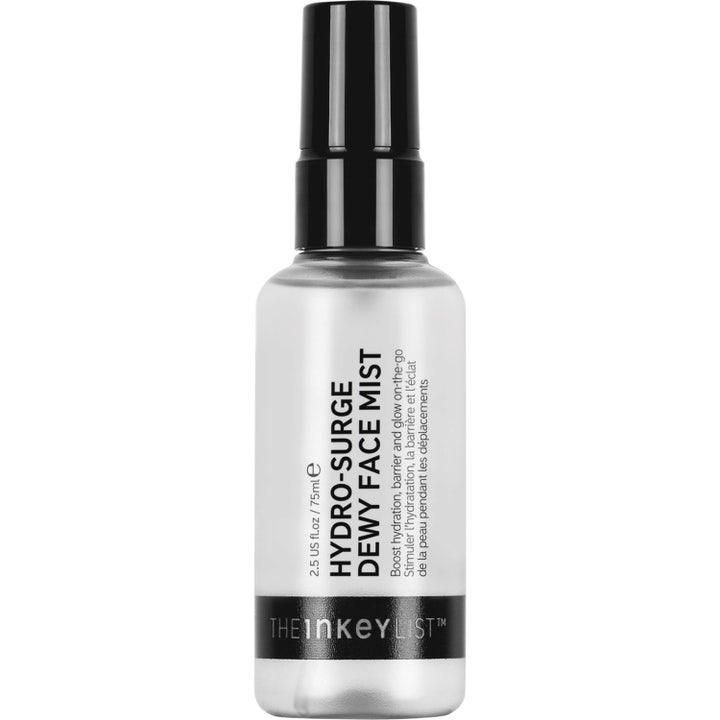 The Inkey List Hydro-Surge Dewy Face Mist 75ml fuktighetsspray i frostet flaske med svart spraypumpe