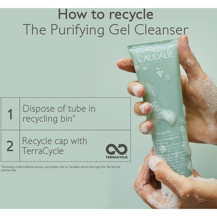 Caudalie Vinopure Purifying Gel Cleanser 150 ml ansiktsrens i grønn tube med rensende skum og resirkuleringsinfo