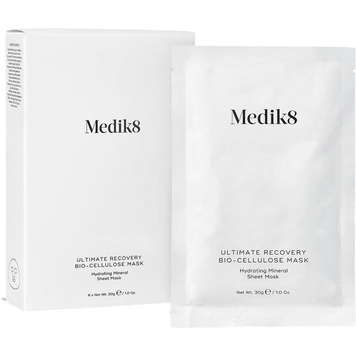 Medik8 Ultimate Recovery Bio Cellulose Mask 6x30g beroligende sheet mask i hvit eske og pose