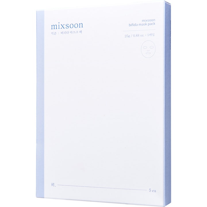 Mixsoon Bifida Mask Pack 5 stk styrkende ansiktsmaske i en hvit eske med lyseblå kanter og maskeillustrasjon.
