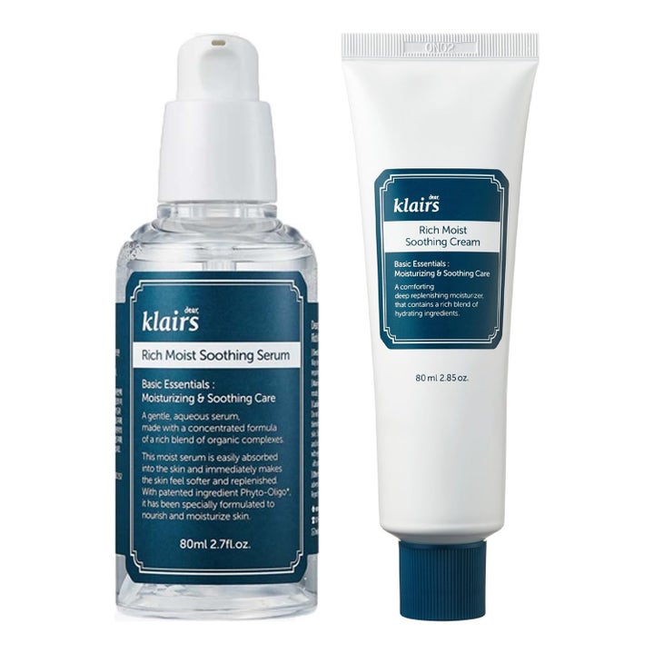 Dear, Klairs Rich Moist Soothing Cream 80ml og Serum 80ml gir fukt i hvit tube og gjennomsiktig pumpeflaske.