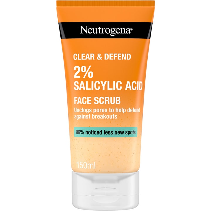 Neutrogena Clear & Defend 150ml ansiktsskrubb med salisylsyre mot kviser i oransje tube med hvit kork.