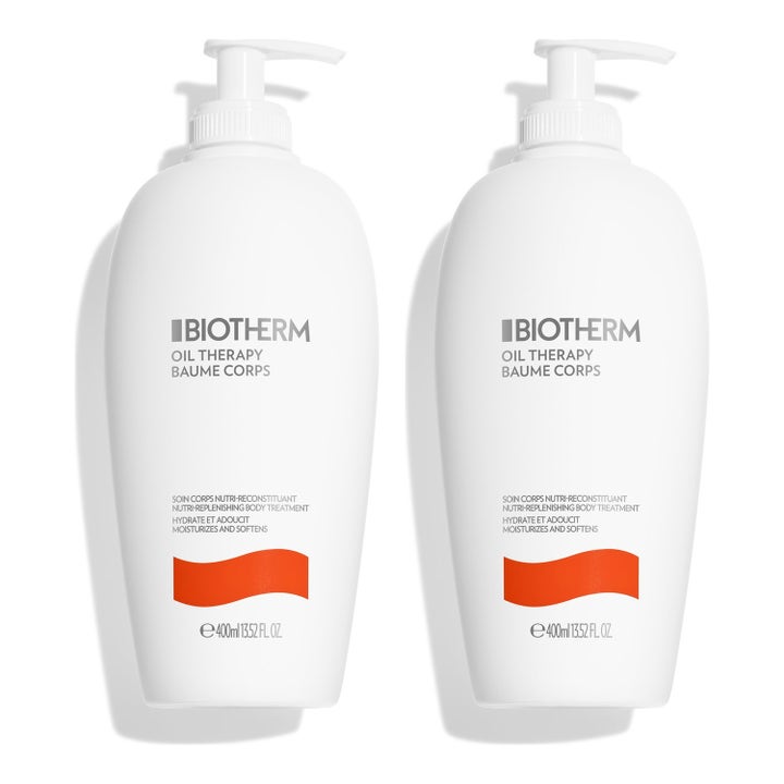 Biotherm Oil Therapy Baume Corps 400 ml fuktighetsgivende kroppskrem i to hvite pumpeflasker med oransje bølgegrafikk