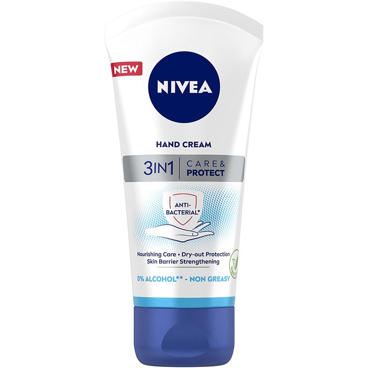 Nivea 3IN1 Care & Protect pleiende håndkrem som gir antibakteriell beskyttelse i hvit tube med mørkeblå kork