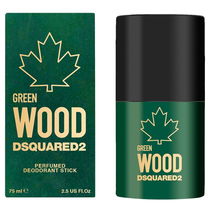 Dsquared2 Green Wood Deodorant Stick 75 ml herredeodorant i grønn hylse med sort kork og gullfarget lønneblad.