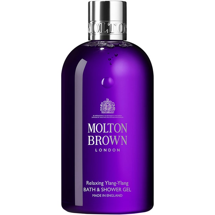 Molton Brown Relaxing Ylang-Ylang 300ml beroligende dusjsåpe i lilla gjennomsiktig flaske med sølvkork