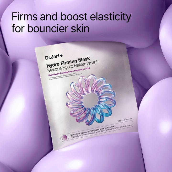 Dr.Jart+ Hydro Firming Mask 30 g ansiktsmaske gir fastere hud med kollagen vist i sølvpose mot lilla bobler.