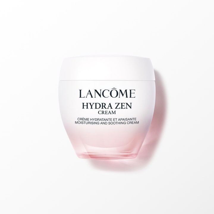 Lancôme Hydra Zen Cream beroligende fuktighetskrem som gir ro i en rosa og hvit frostet krukke med hvitt lokk.