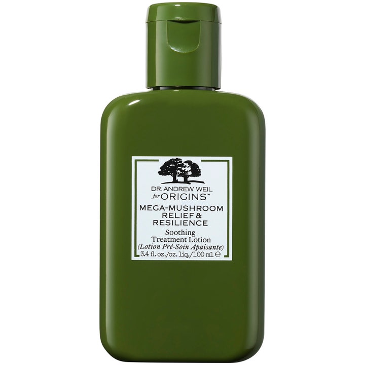 Origins Mega-Mushroom Relief & Resilience 100 ml beroligende ansiktslotion i olivengrønn plastflaske