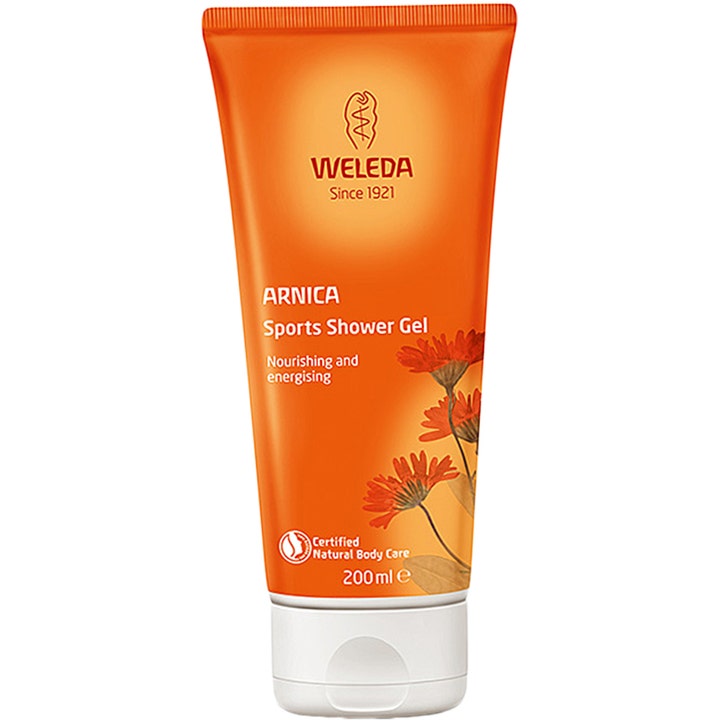 Weleda Arnica Sports Shower Gel 200 ml oppfriskende dusjgelé i oransje tube med blomstermotiv.