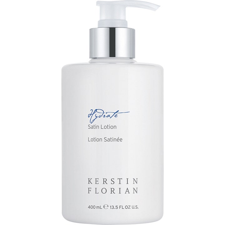 Kerstin Florian Hydrate Satin Lotion 400 ml fuktighetsgivende kroppslotion i hvit pumpeflaske med sølvdetaljer