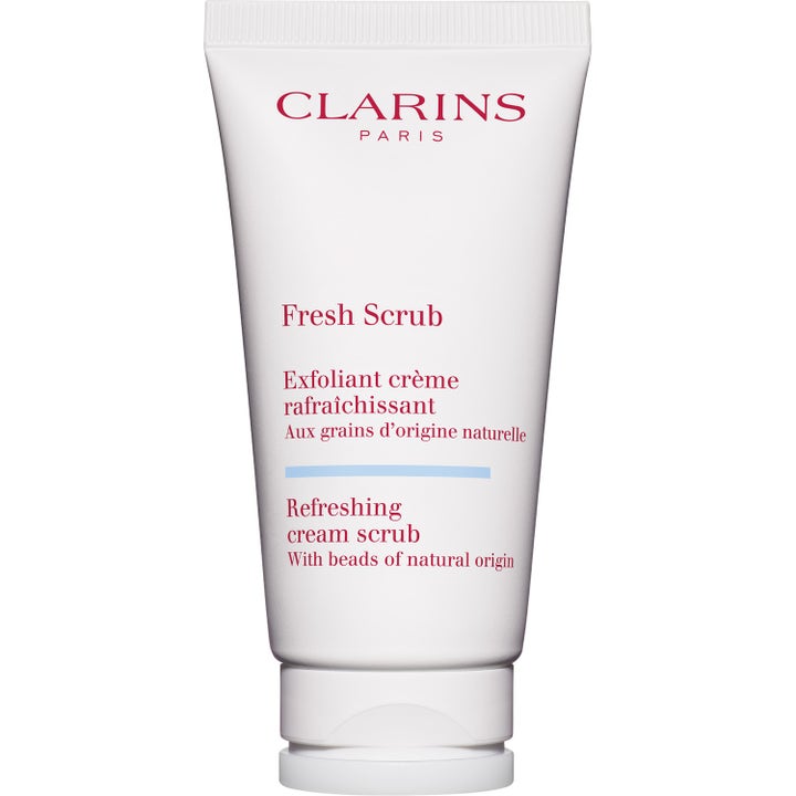 Clarins Fresh Scrub eksfolierende ansiktsskrubb i hvit tube med rød logo som gir en forfrisket hud.