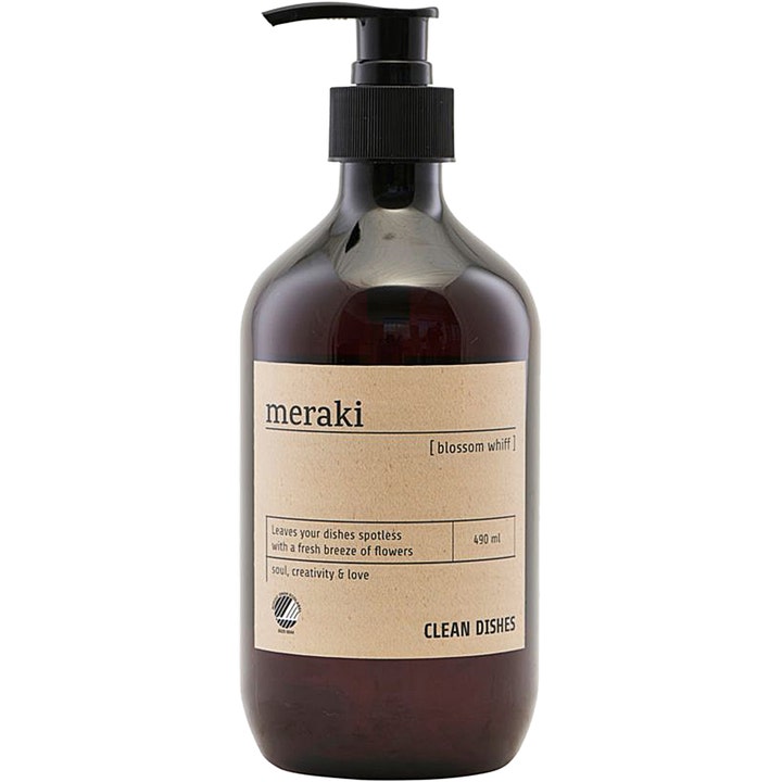 Meraki Blossom Whiff 490 ml oppvaskmiddel gir skinnende ren oppvask i en mørk pumpeflaske med beige etikett.