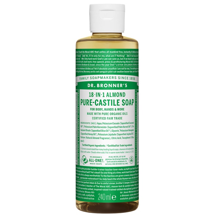 Dr. Bronner's 18-in-1 Almond Pure-Castile Soap 240 ml rengjørende såpe i brun flaske med grønn etikett og hvitt lokk.
