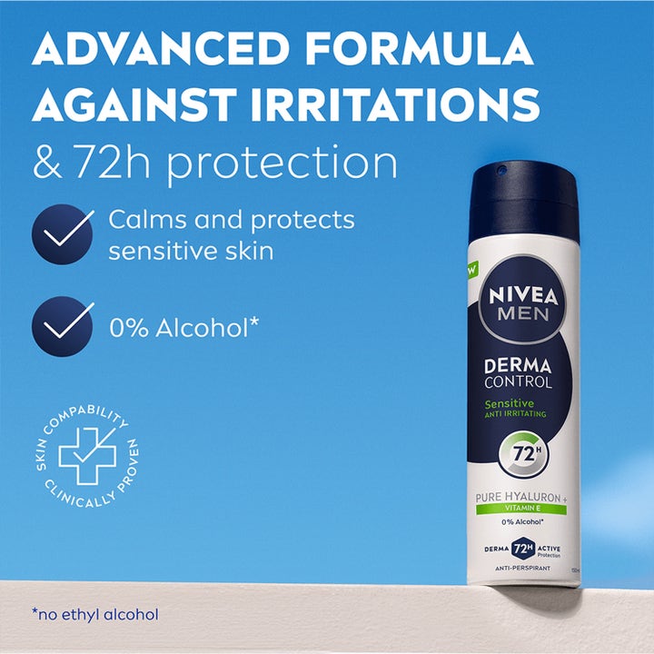 NIVEA MEN Derma Control Sensitive 150 ml deospray gir 72t beskyttelse mot irritasjon i hvit og blå sprayflaske uten alkohol.