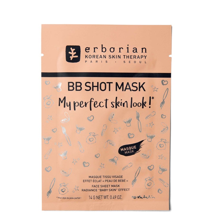 Erborian BB Shot Mask 14 g ansiktsmaske som gir glød i en ferskenfarget pose med små svarte illustrasjoner