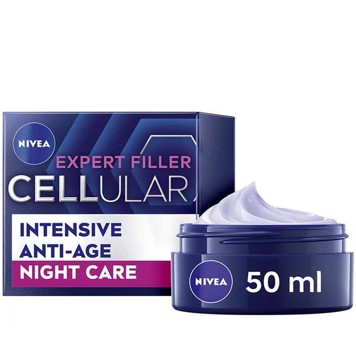 Nivea Cellular Expert Filler 50 ml anti-age nattkrem i blå krukke med synlig fyldig tekstur og pappeske.