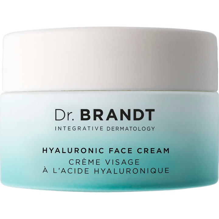 Dr. Brandt Hyaluronic Face Cream fuktighetsgivende ansiktskrem i en krukke med turkis gradient og hvitt lokk