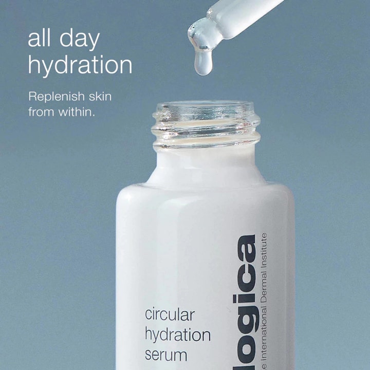Dermalogica Circular Hydration Serum 10 ml fuktighetsgivende serum i hvit flaske med pipette og all day hydration tekst