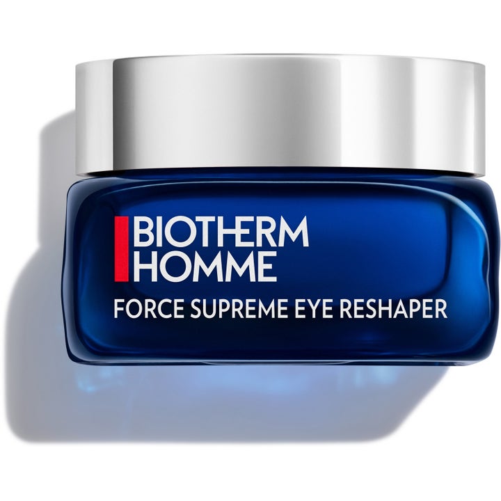 Biotherm Homme Force Supreme Eye Reshaper 15 ml oppstrammende øyekrem i en mørkeblå glasskrukke med sølvlokk