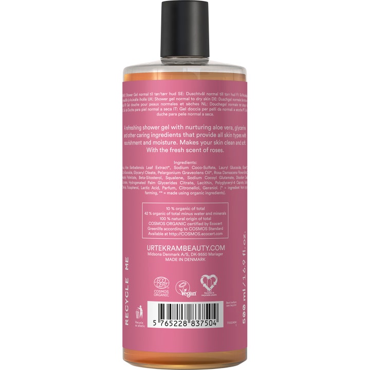 Urtekram Shower Gel Rose 500 ml fuktighetsgivende dusjsåpe bakside med ingrediensliste og Ecocert-merking