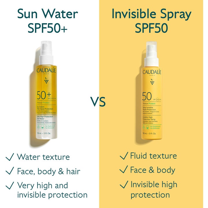 Caudalie Vinosun High Protection Spray SPF50 150 ml sammenligner Invisible Spray og Sun Water teksturer.
