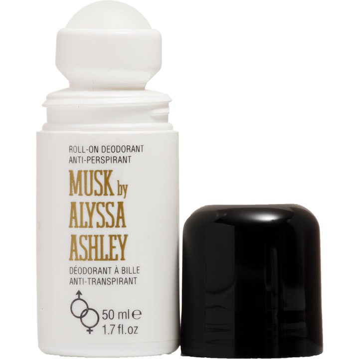 Alyssa Ashley Musk Roll-On Deodorant 50 ml anti-perspirant gir beskyttelse i hvit flaske med hvit applikatorkule