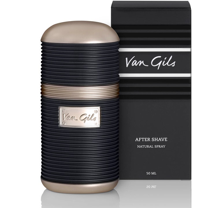 Van Gils After Shave Natural Spray 50 ml pleiende etterbarbering i riflet mørkegrå flaske med bronsefarget lokk og eske.
