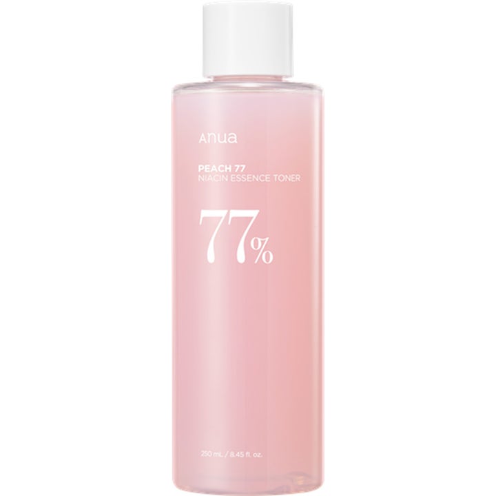 Anua Peach 77 Niacin Essence Toner 250 ml fuktighetsgivende toner i klar flaske med lyserosa væske og hvitt lokk
