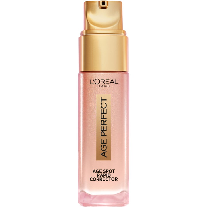 L'Oréal Paris Age Perfect Age Spot Rapid Corrector serum mot mørke flekker i en skimrende rosa flaske med gullpumpe.