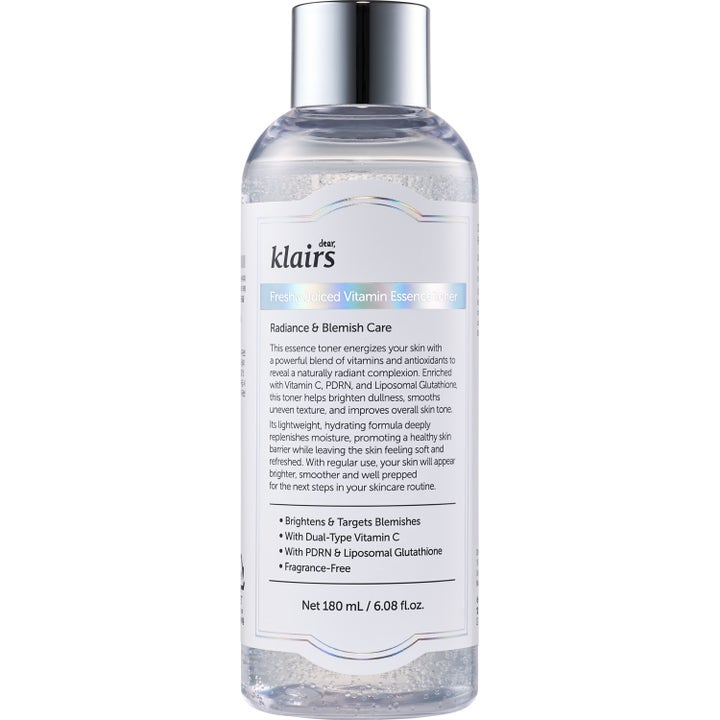 Klairs Freshly Juiced Vitamin Essence Toner 180 ml glødgivende toner i klar plastflaske med sølvkork