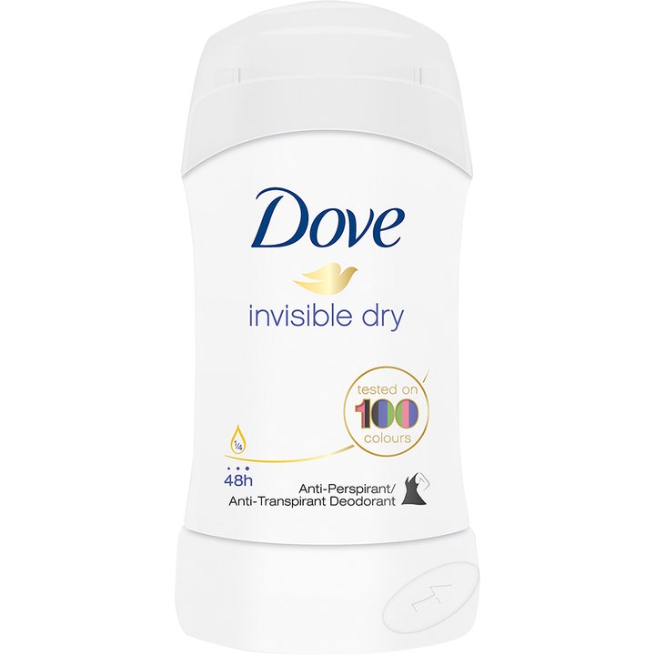 Dove Invisible Dry deodorant stick motvirker hvite merker i en hvit plastbeholder med blå tekst og gullfugl.